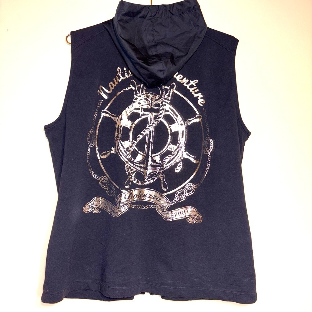 Dolcezza Navy Hooded Vest with anchor and Chain Details, approx Size XL.